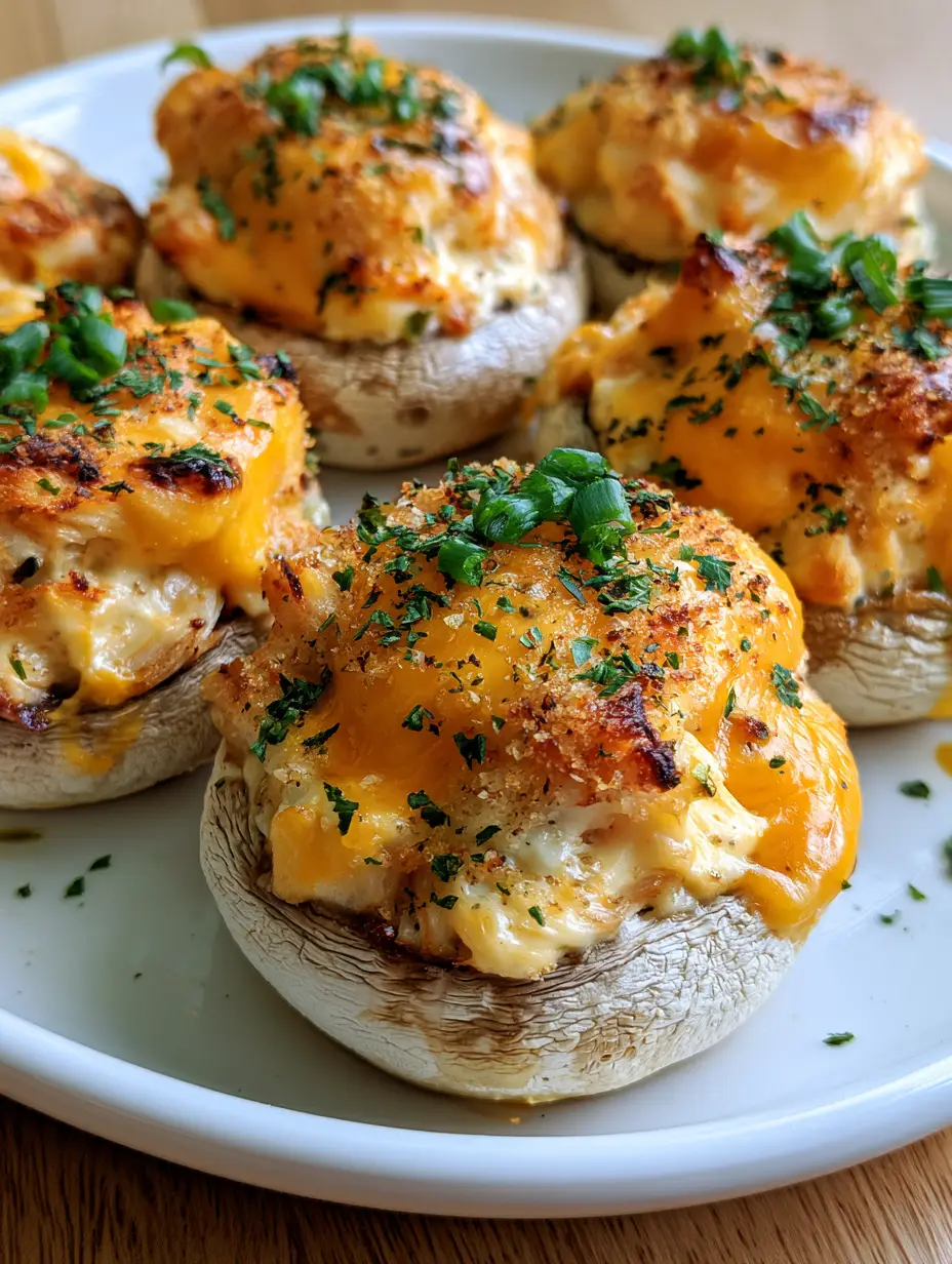Crab Stuffed Mushrooms with Melted Cheddar and Golden Breadcrumbs 3 Handheld photo of roasted white mushroom caps filled with creamy lump crab and bubbly cheddar cheese on a white platter.