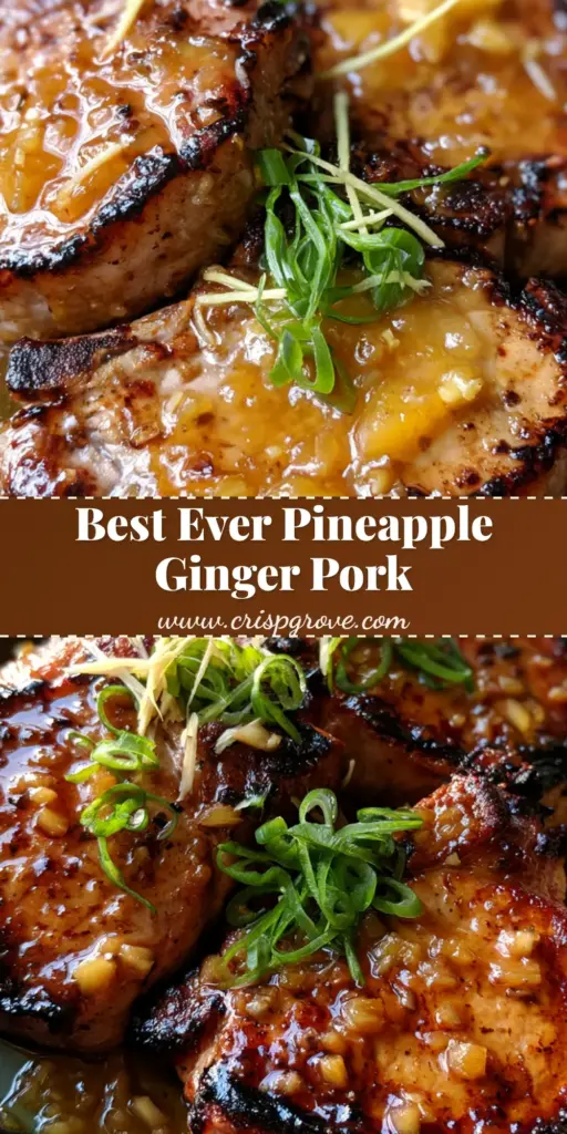 Pineapple Ginger Pork Chops with a Glossy Amber Glaze 4 Three thick seared Pineapple Ginger Pork Chops in a dark ceramic dish, covered in a glossy amber sauce with crushed pineapple and scallion garnish.