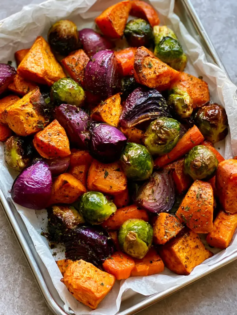 Close up view of charred Brussels sprouts and caramelized sweet potatoes on a silver sheet pan for Sheet Pan Roasted Vegetables recipe.