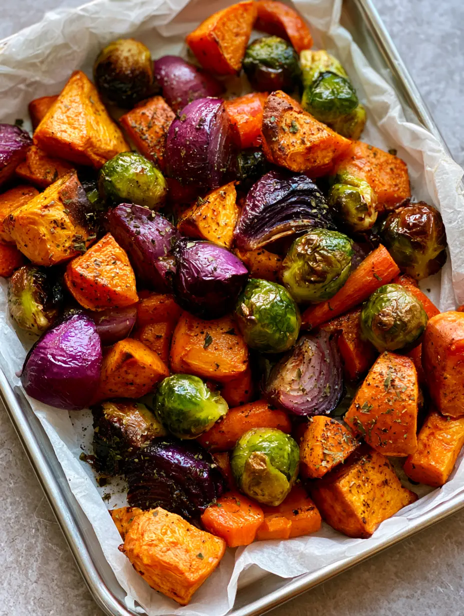 Sheet Pan Roasted Vegetables: The Ultimate Caramelized Rainbow Medley 4 Close up view of charred Brussels sprouts and caramelized sweet potatoes on a silver sheet pan for Sheet Pan Roasted Vegetables recipe.
