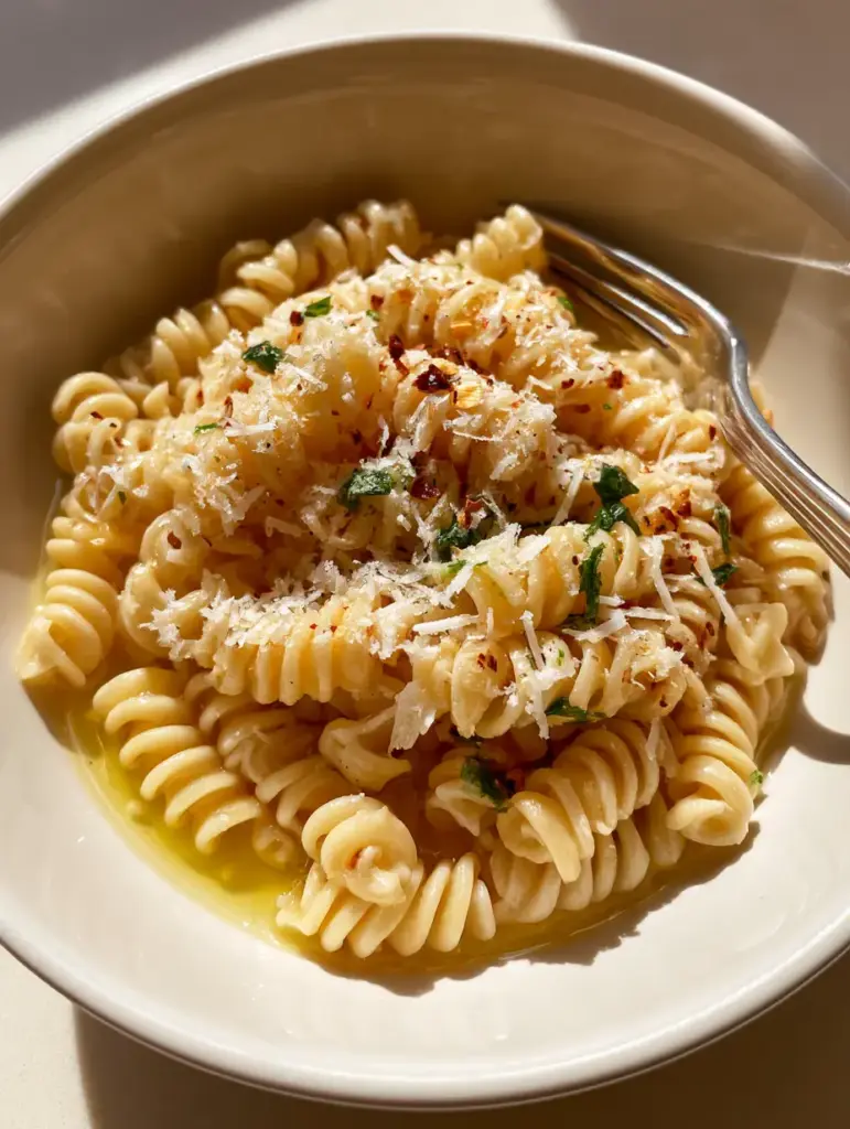 Garlic Butter Pasta: The Ultimate 15-Minute Glossy Rotini Recipe 1 Rotini pasta spirals coated in yellow garlic butter sauce with fresh parsley and a silver fork in a ceramic bowl.