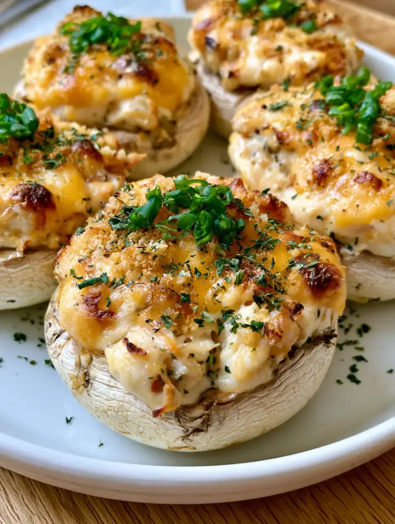 Crab Stuffed Mushrooms with Melted Cheddar and Golden Breadcrumbs 1 A top-down view of seafood stuffed mushrooms showing the shriveled edges and toasted breadcrumb topping.