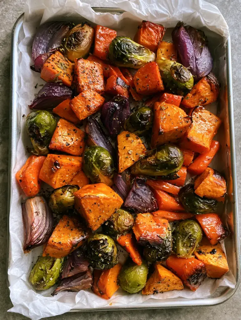 Sheet Pan Roasted Vegetables: The Ultimate Caramelized Rainbow Medley 1 Wide shot of a full tray of Sheet Pan Roasted Vegetables glistening with olive oil and herbs on a grey stone countertop.