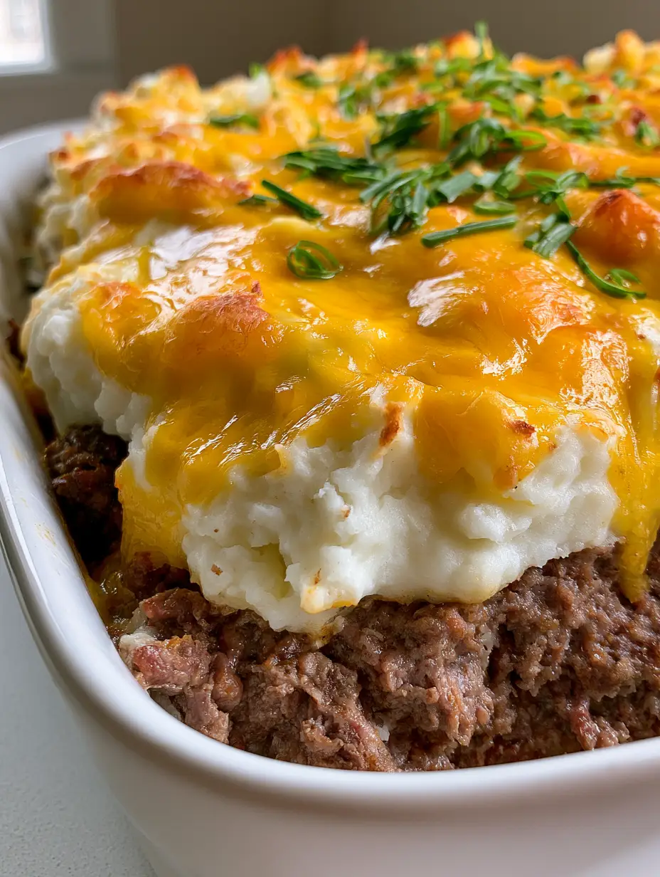 Overhead view of a cooked Mashed Potato Meatloaf showing the golden-brown toasted spots on melted yellow cheddar cheese.