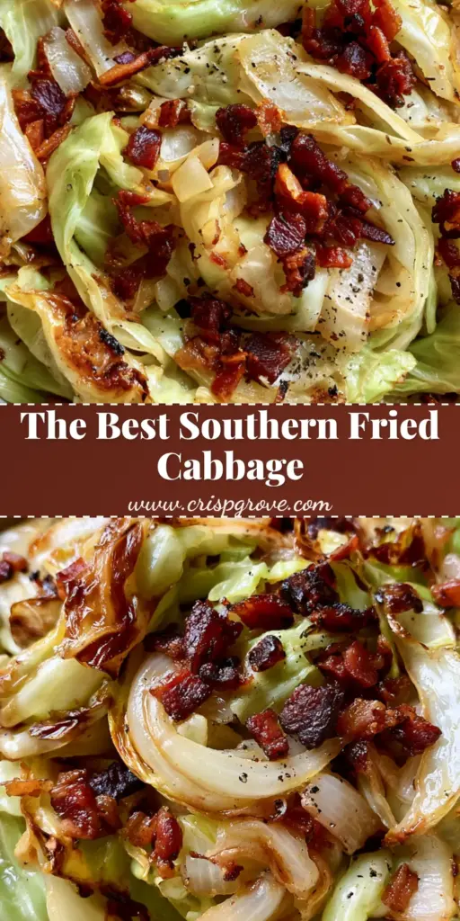 Southern Fried Cabbage with Crispy Bacon and Charred Edges 3 A rustic bowl of Southern Fried Cabbage featuring charred green ribbons, translucent onions, and mahogany bacon bits with black pepper flecks.