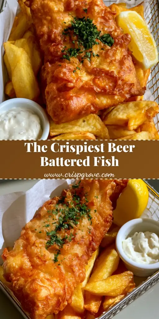 Beer Battered Fried Fish: The Ultimate Crispy Pub-Style Recipe 3 A close-up shot of crispy Beer Battered Fried Fish with bubbly golden-brown crust and thick-cut steak fries in a wire basket.