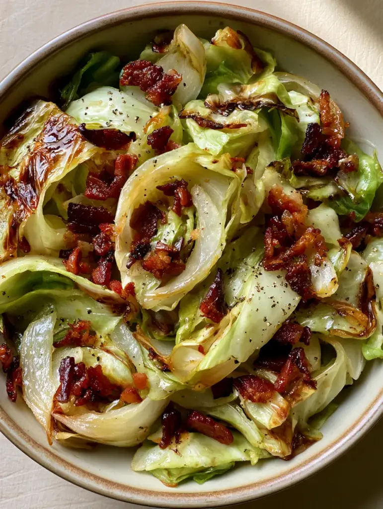 Top-down view of Southern Fried Cabbage in a rustic bowl showing the texture of charred edges and crispy bacon.