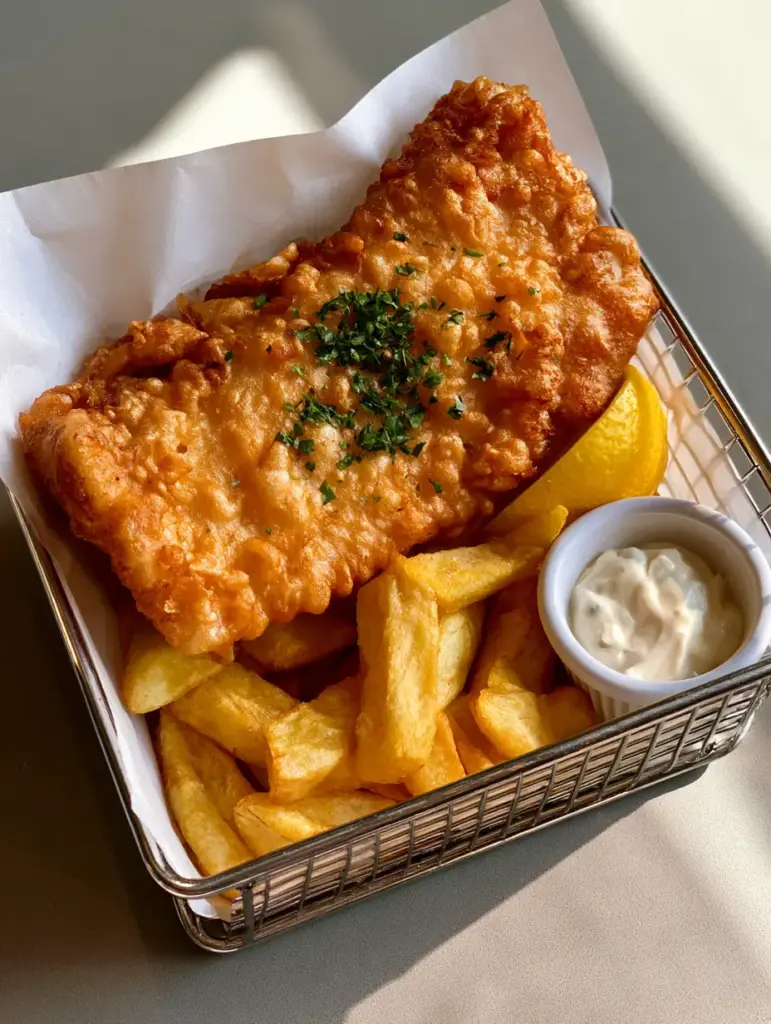 Handheld photo of a large piece of Beer Battered Fried Fish with craggy texture and golden steak fries.