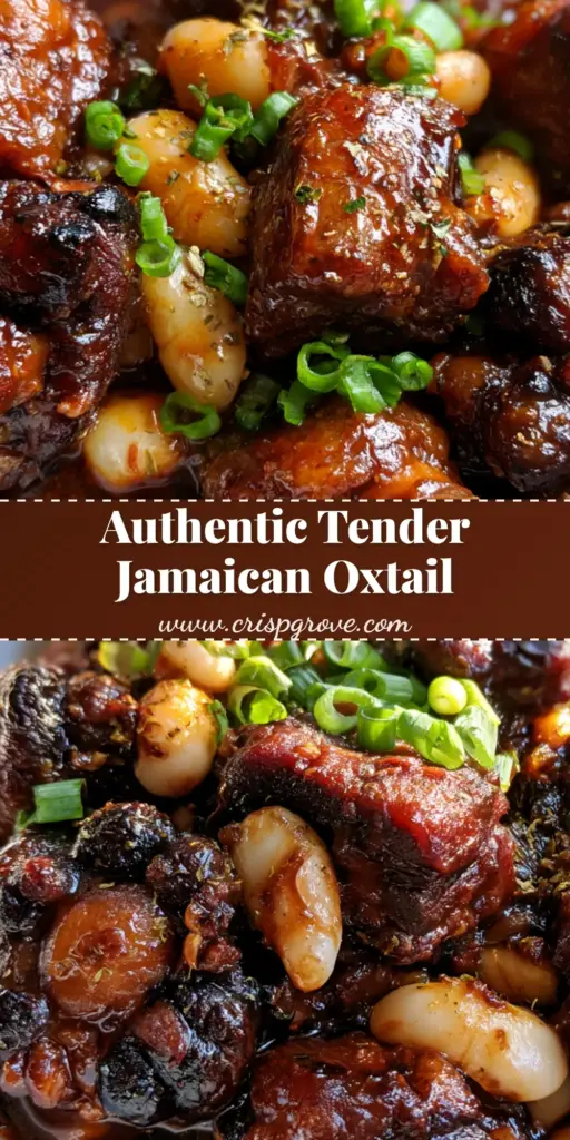 Authentic Jamaican Oxtail Recipe: Slow-Braised to Perfection 4 A shallow white bowl filled with Authentic Jamaican Oxtail featuring dark glossy gravy and creamy white butter beans garnished with green onions.