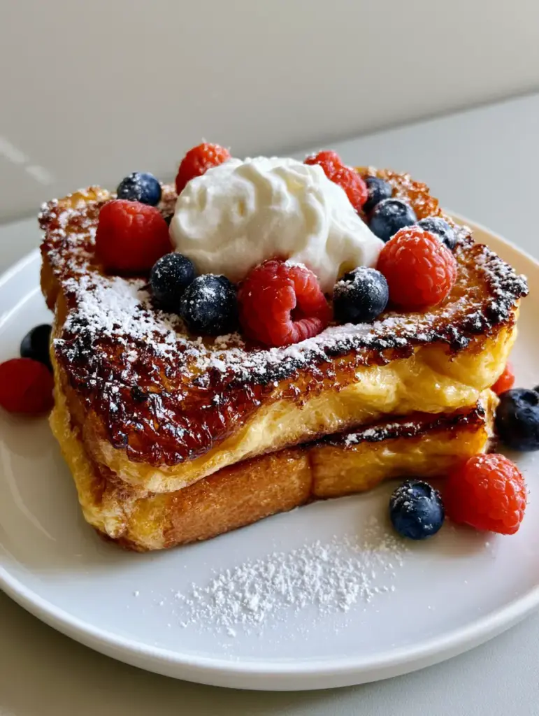 Plated Crème Brûlée French Toast with fresh berries and a dusting of powdered sugar on a white plate.