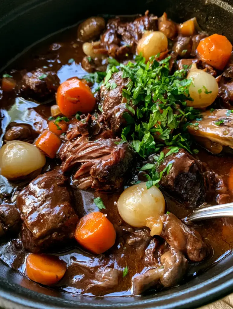 Close-up of tender braised beef cubes and glossy red wine gravy in a Dutch oven. (Ina Garten Beef Bourguignon)