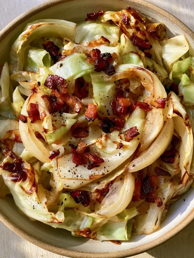 Southern Fried Cabbage with Crispy Bacon and Charred Edges 1 Close up shot of glistening Southern Fried Cabbage ribbons and mahogany-colored bacon bits.