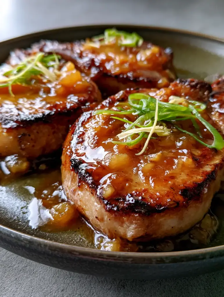Handheld photo showing the deep caramelization and charred edges of Pineapple Ginger Pork Chops.
