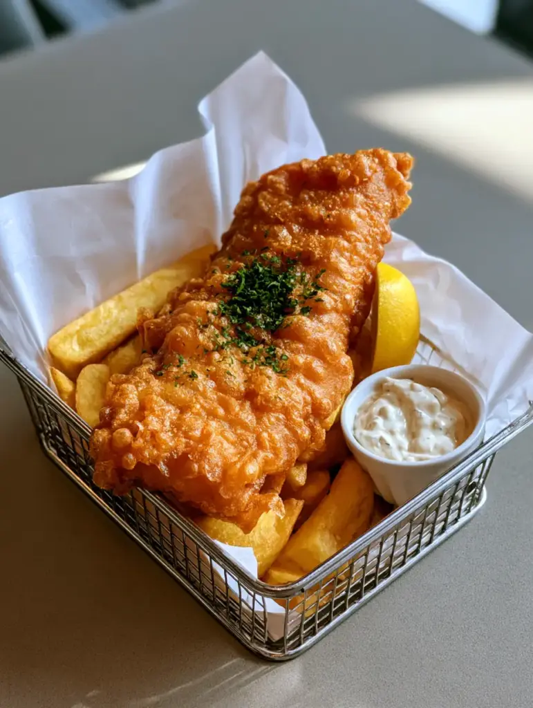 Beer Battered Fried Fish: The Ultimate Crispy Pub-Style Recipe 1 Beer Battered Fried Fish served with creamy tartar sauce and a lemon wedge in a silver basket.
