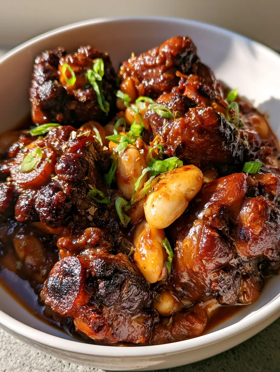 Close up of Authentic Jamaican Oxtail pieces showing charred edges and thick dark brown gravy in a white bowl.