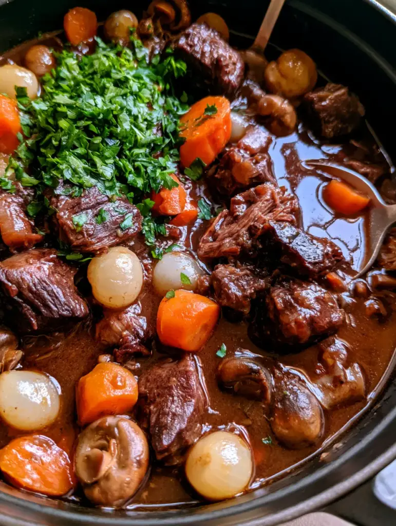 Ina Garten Beef Bourguignon: The Ultimate Cozy French Classic 1 Top-down shot of Beef Bourguignon featuring pearl onions, carrots, and browned cremini mushrooms.