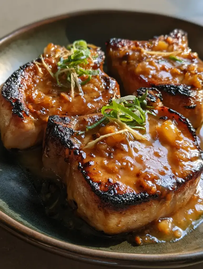 Pineapple Ginger Pork Chops: The Ultimate Glossy Amber Glazed Dinner 1 Close up of translucent amber sauce with crushed pineapple bits on Pineapple Ginger Pork Chops.