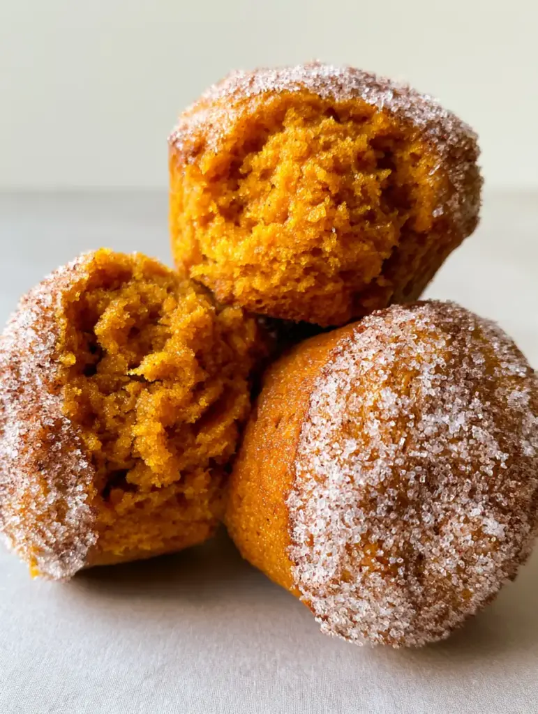 Cinnamon Sugar Pumpkin Muffins: The Ultimate Moist Autumn Recipe 1 Three Cinnamon Sugar Pumpkin Muffins arranged on a gray surface with soft natural lighting highlighting the sparkling granulated sugar coating.