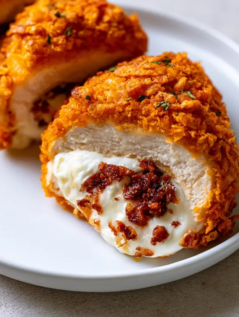 Side view of golden-brown fried Doritos Stuffed Chicken sliced into medallions with dried parsley garnish.