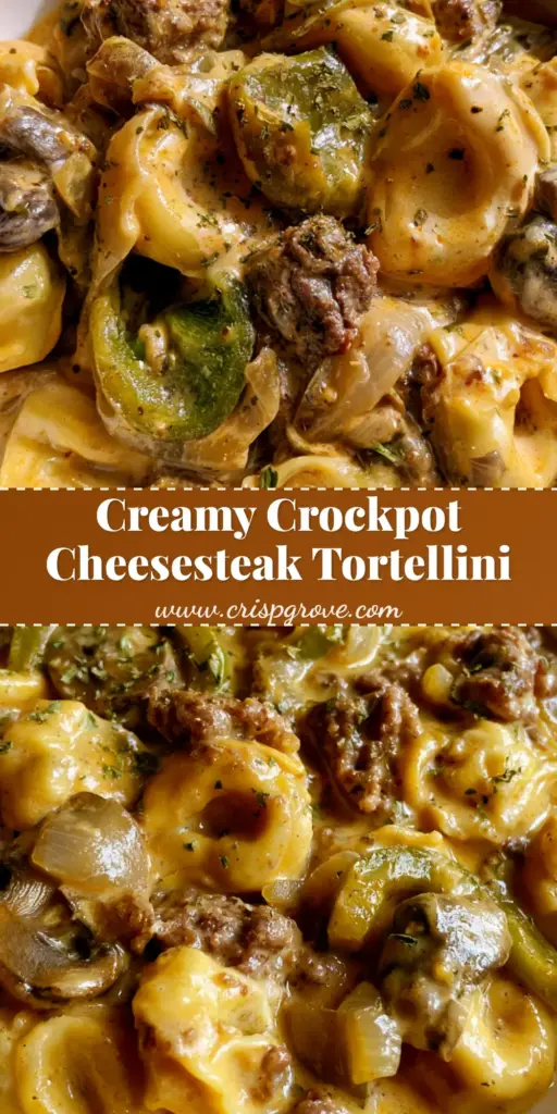 Crockpot Cheesesteak Tortellini with Creamy Sauce 3 A close-up vertical shot of Crockpot Cheesesteak Tortellini in a white bowl showing plump pasta, green peppers, and glossy orange cream sauce.