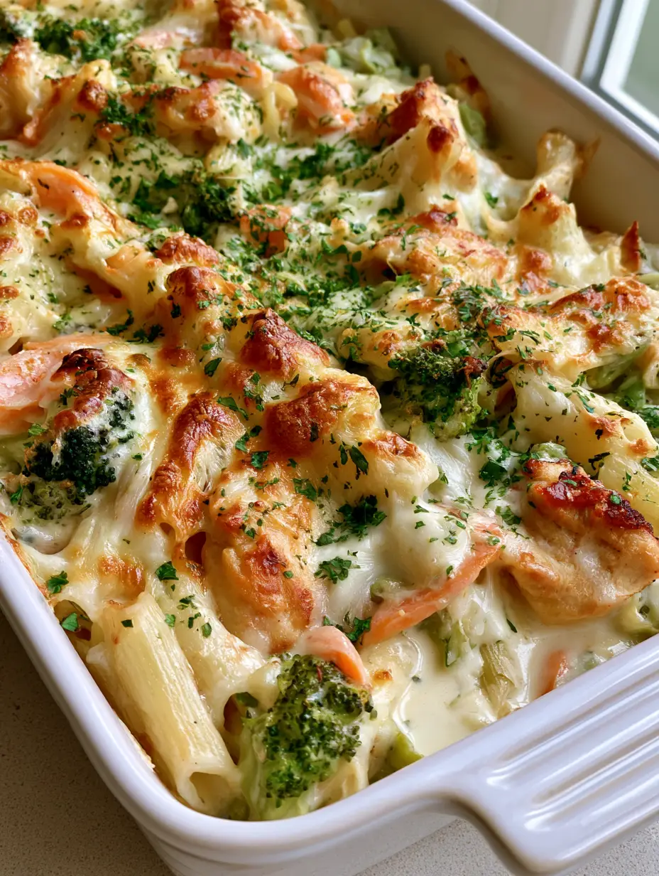 Chicken Primavera Pasta Bake: The Ultimate Creamy Weeknight Comfort 3 Close-up of Chicken Primavera Pasta Bake showing the glossy white cream sauce coating the penne pasta and seared chicken chunks.