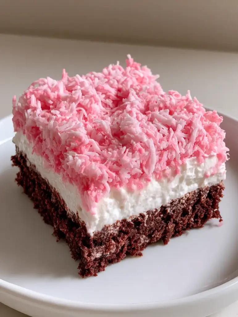 Pink Coconut Snowball Cake Bars: The Ultimate Moist Chocolate & Marshmallow Treat 1 A top-down view of Pink Coconut Snowball Cake Bars with textured vibrant pink shredded coconut flakes on a white plate.
