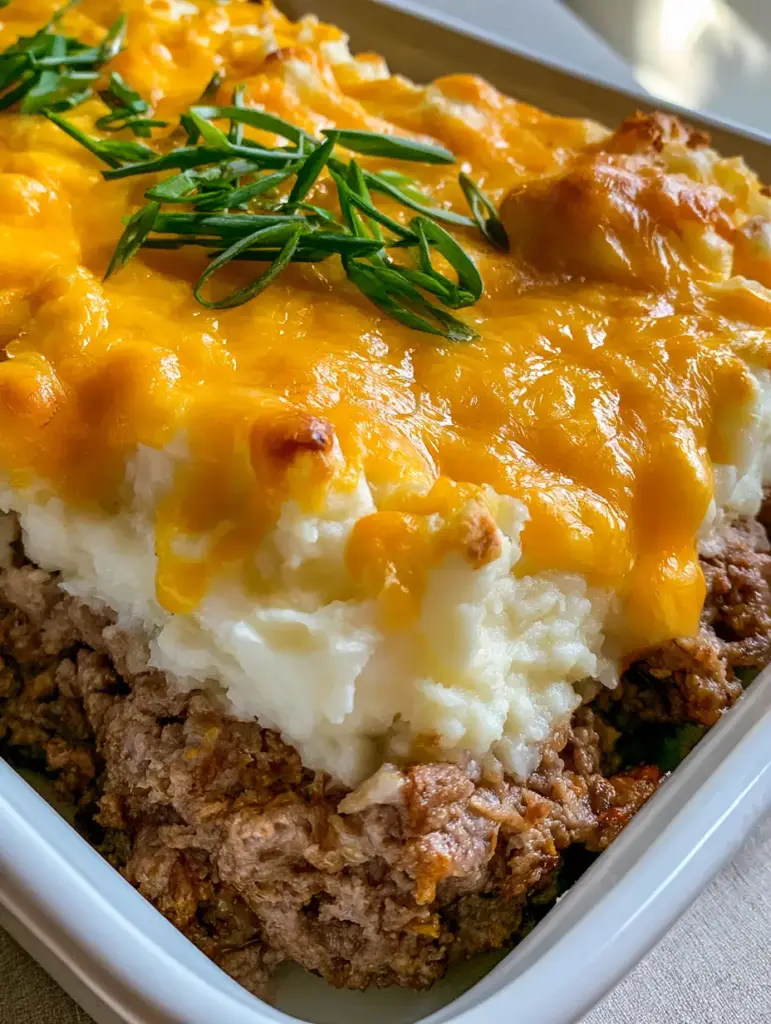 Spoonable texture of Mashed Potato Meatloaf with thick creamy mashed potatoes and juicy ground beef base.