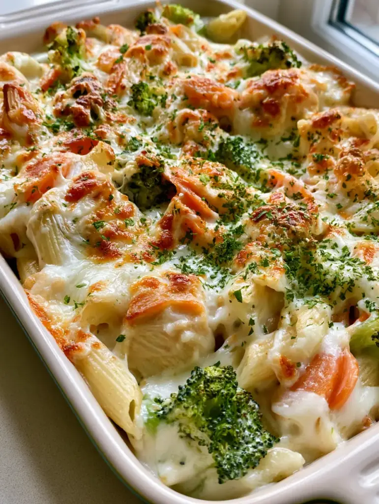 Chicken Primavera Pasta Bake: The Ultimate Creamy Weeknight Comfort 1 Overhead shot of the toasted parmesan and mozzarella cheese crust on the Chicken Primavera Pasta Bake.