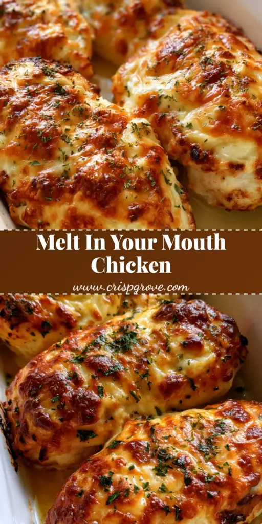 A close-up of three Melt in Your Mouth Chicken Breasts with a bubbly golden-brown parmesan crust in a white ceramic dish.