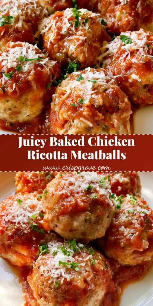 Baked Chicken Ricotta Meatballs (Extra Juicy & Tender) 3 A close-up shot of five Baked Chicken Ricotta Meatballs on a white plate, covered in glossy marinara and grated parmesan.