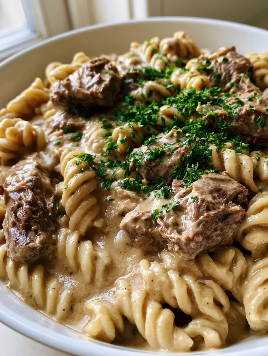 Slow Cooker Garlic Beef Pasta: A Creamy Comfort Food Masterpiece 4 Close up of Slow Cooker Garlic Beef Pasta showing the tender meat fibers and thick light brown garlic cream sauce.