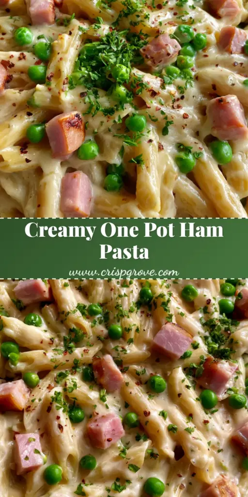 One Pot Ham and Penne: The Ultimate Creamy Skillet Dinner 4 A top-down view of One Pot Ham and Penne in a black cast iron skillet featuring creamy ivory sauce, pink ham, and green peas.