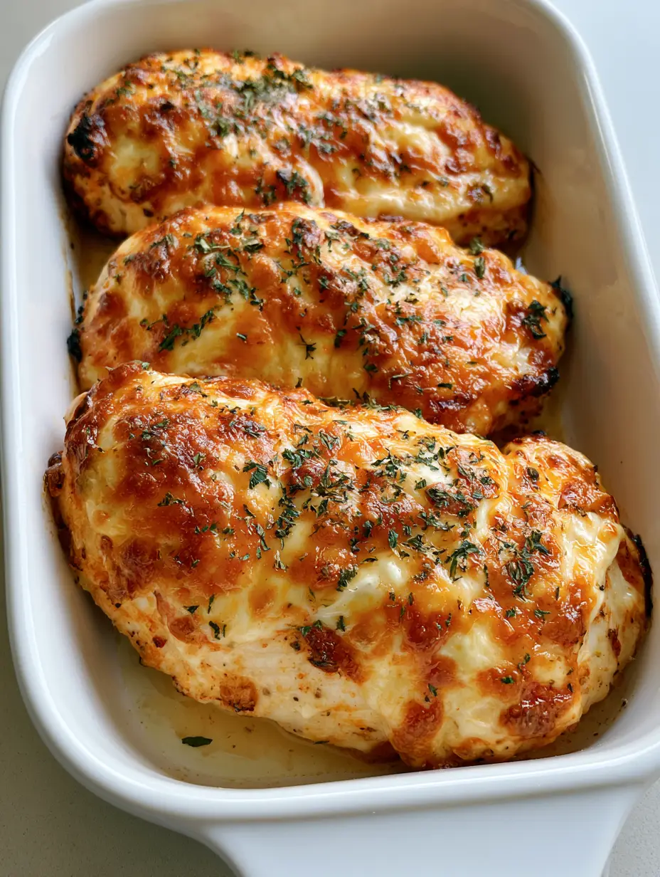 Overhead view of Melt in Your Mouth Chicken Breast showing the thick toasted parmesan and mayonnaise topping with parsley.