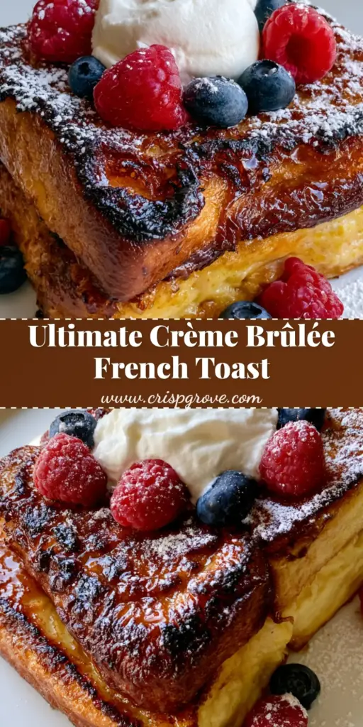 A tall stack of Crème Brûlée French Toast with a crackly sugar crust, topped with whipped cream, raspberries, and blueberries.