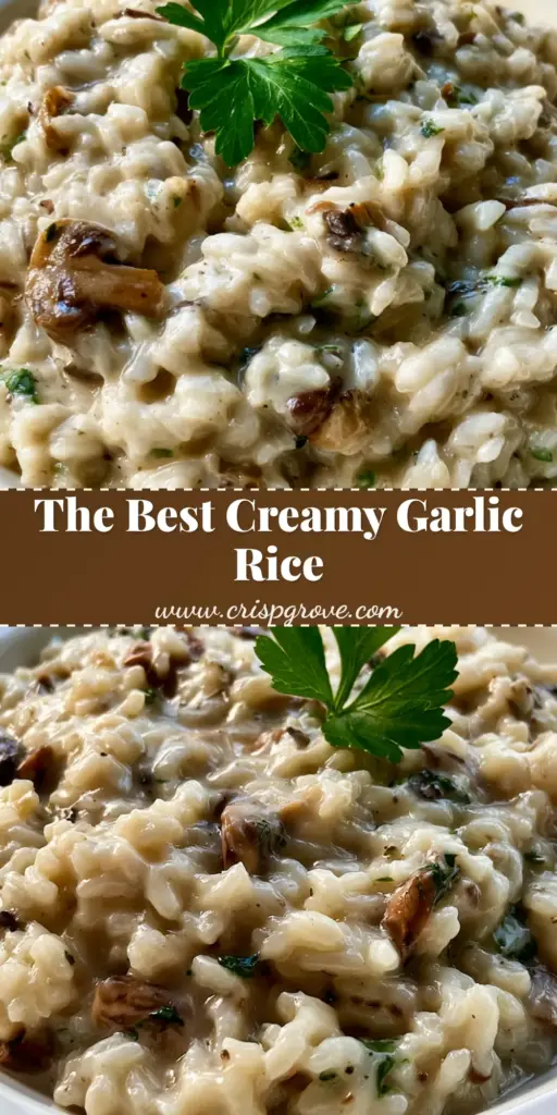 Creamy Rice Recipe with Garlic Mushrooms and Parmesan 3 A handheld smartphone photo of a white ceramic plate holding a generous serving of this Creamy Rice Recipe, garnished with a parsley sprig.