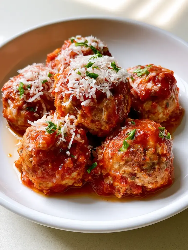 Baked Chicken Ricotta Meatballs (Extra Juicy & Tender) 2 Smartphone photo of five round Baked Chicken Ricotta Meatballs with a textured exterior and glossy red sauce.