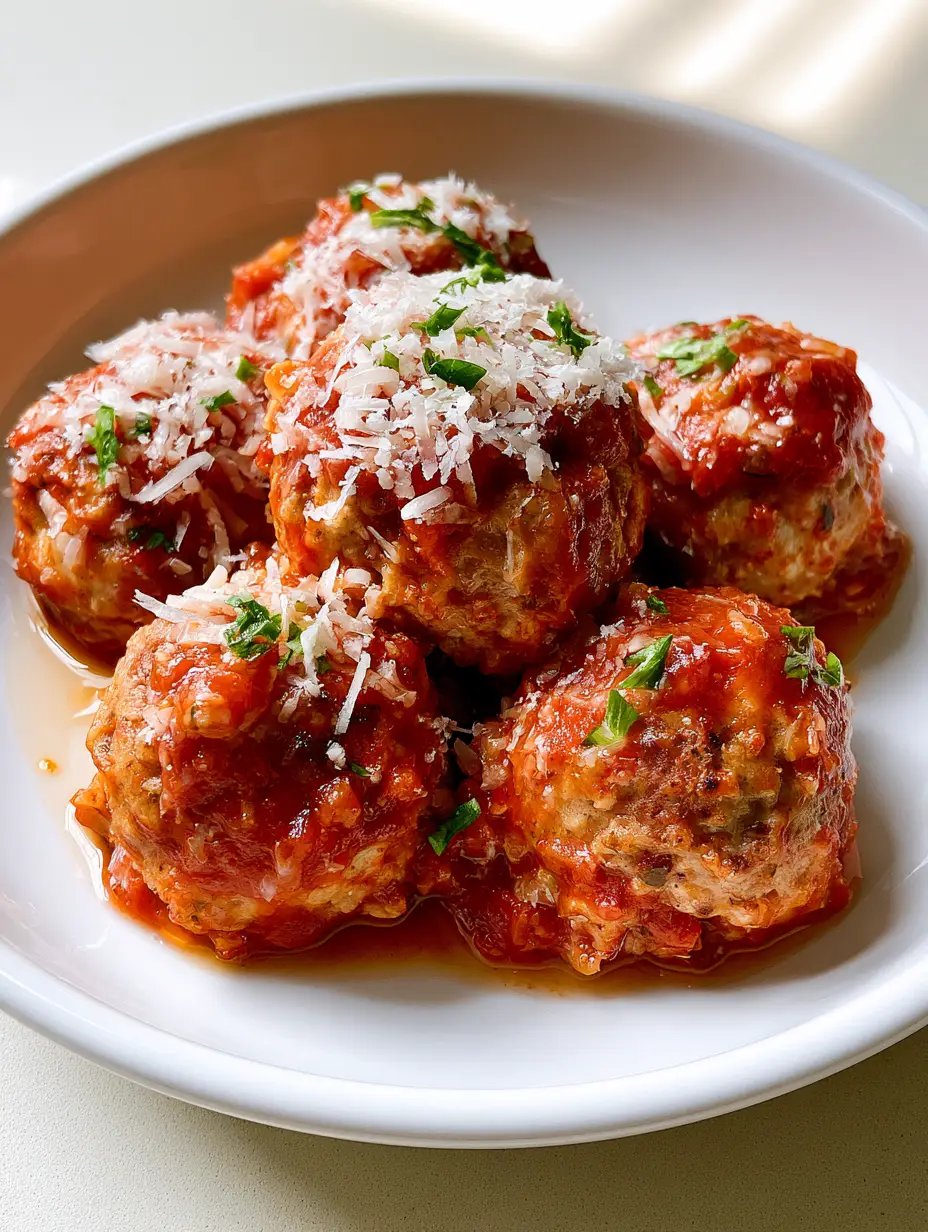 Baked Chicken Ricotta Meatballs (Extra Juicy & Tender) 4 Smartphone photo of five round Baked Chicken Ricotta Meatballs with a textured exterior and glossy red sauce.