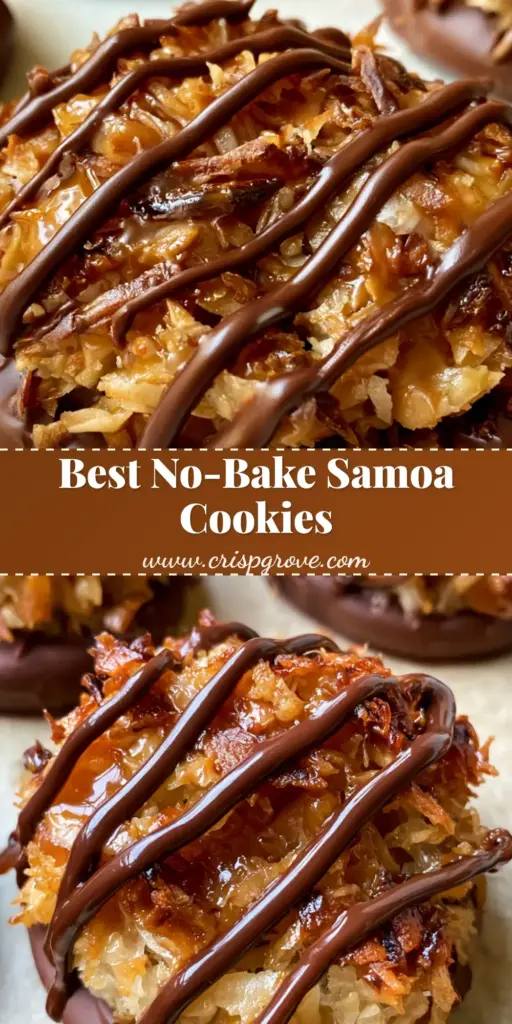 No-Bake Samoa Cookies: Easy Toasted Coconut & Caramel Treats 4 A handheld smartphone photo of ring-shaped No-Bake Samoa cookies with toasted coconut, amber caramel, and dark chocolate zigzag drizzle on parchment paper.
