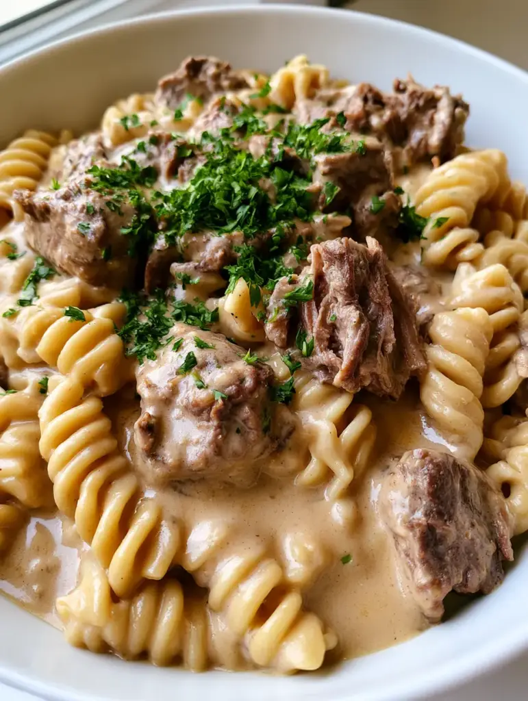 Slow Cooker Garlic Beef Pasta: A Creamy Comfort Food Masterpiece 1 Overhead view of a white bowl containing fusilli pasta coated in a garlic beef gravy with fresh parsley garnish.