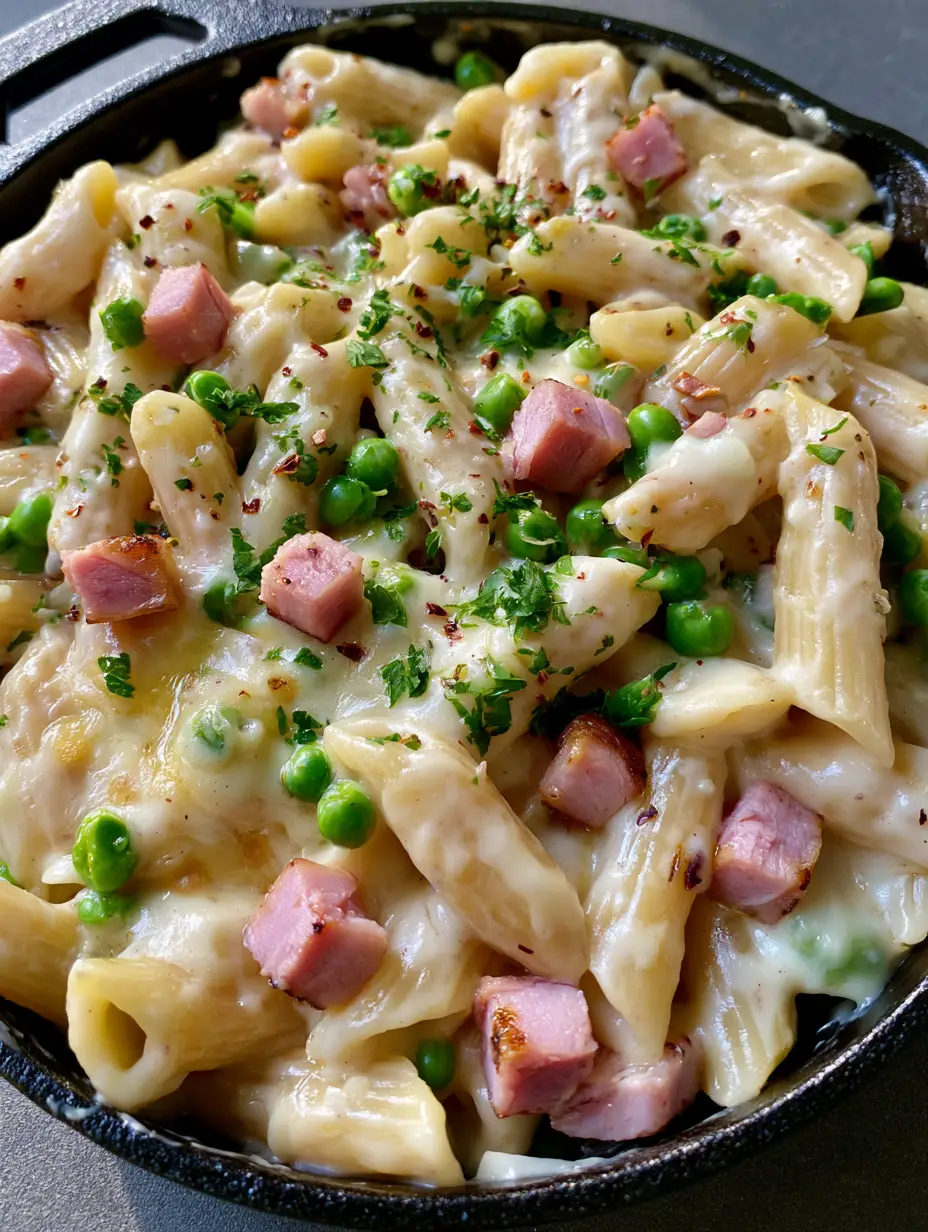 One Pot Ham and Penne: The Ultimate Creamy Skillet Dinner 3 Close up of al dente penne in a thick white cream sauce with ham and peas in a skillet. (One Pot Ham and Penne)