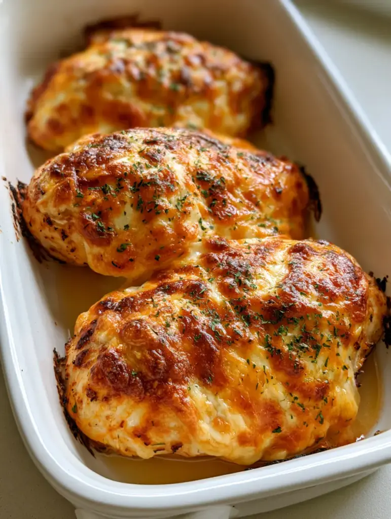 A smartphone photo of the Melt in Your Mouth Chicken Breast resting in its natural cooking juices in a white dish.