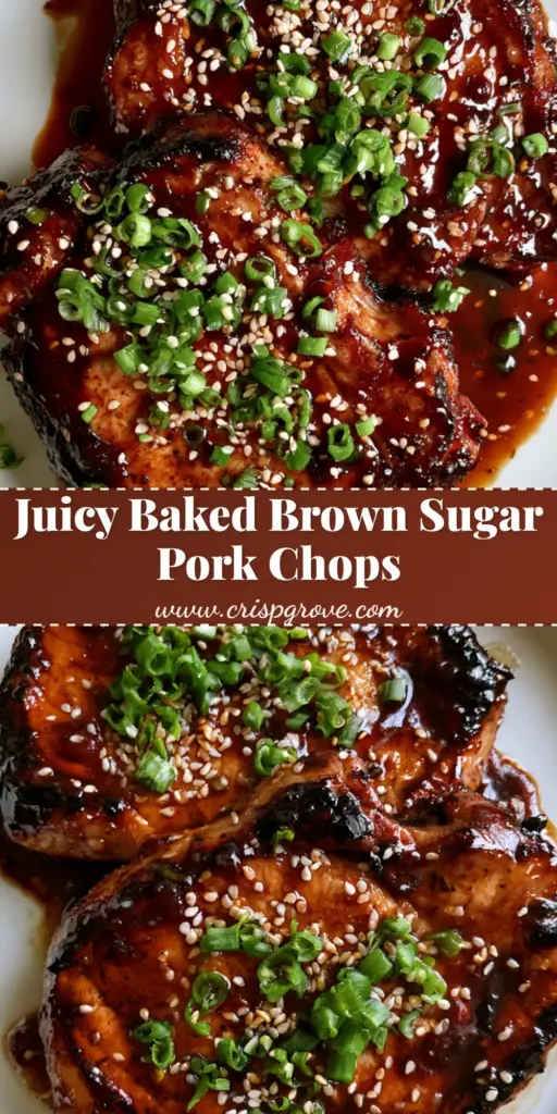 Baked Brown Sugar Pork Chops with a Glossy Caramelized Glaze 4 A close-up shot of two thick Baked Brown Sugar Pork Chops on a white plate, featuring a dark glossy glaze, sesame seeds, and green onions.