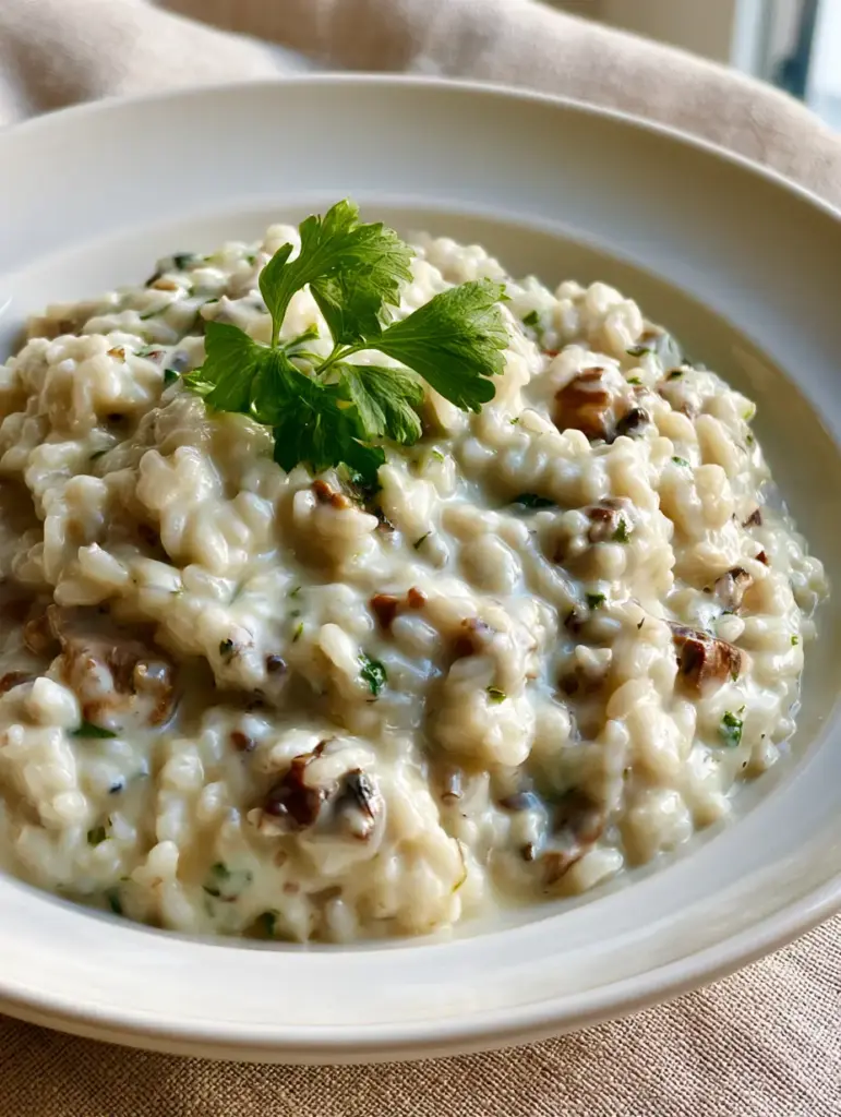 Creamy Rice Recipe with Garlic Mushrooms and Parmesan 2 A top-down view of velvety white rice bound by a thick cream sauce with brown mushroom flecks. (Creamy Rice Recipe)