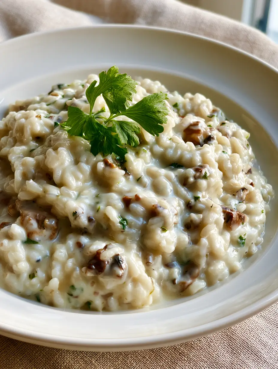 Creamy Rice Recipe with Garlic Mushrooms and Parmesan 4 A top-down view of velvety white rice bound by a thick cream sauce with brown mushroom flecks. (Creamy Rice Recipe)