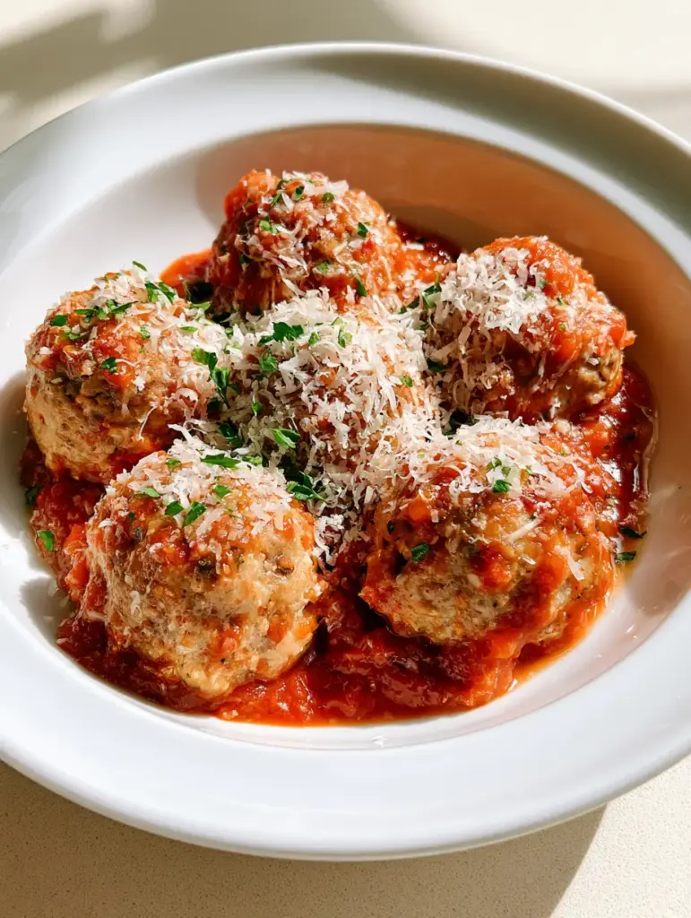 Baked Chicken Ricotta Meatballs (Extra Juicy & Tender) 1 Baked Chicken Ricotta Meatballs heavily coated in red sauce and sprinkled with finely grated parmesan and parsley.