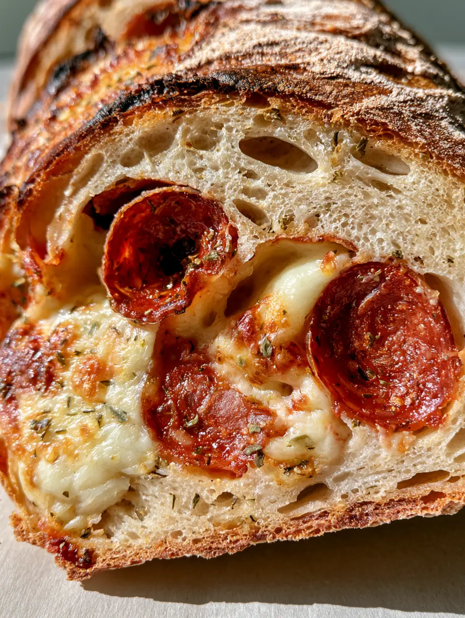 Pepperoni Pizza Sourdough Bread: The Ultimate Artisan Loaf 4 Close-up of a rustic Pepperoni Pizza Sourdough Bread loaf showing charred edges and airy crumb studded with pepperoni and herbs.