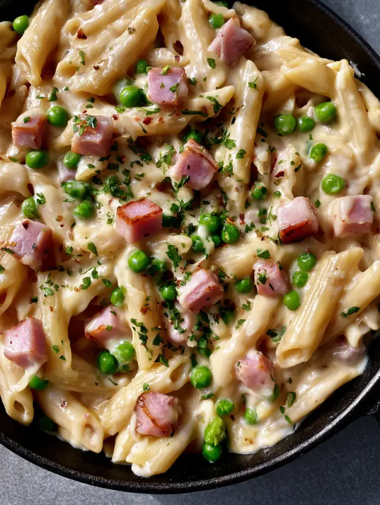 One Pot Ham and Penne: The Ultimate Creamy Skillet Dinner 1 Overhead shot of One Pot Ham and Penne garnished with fresh parsley and red pepper flakes in a cast iron skillet.