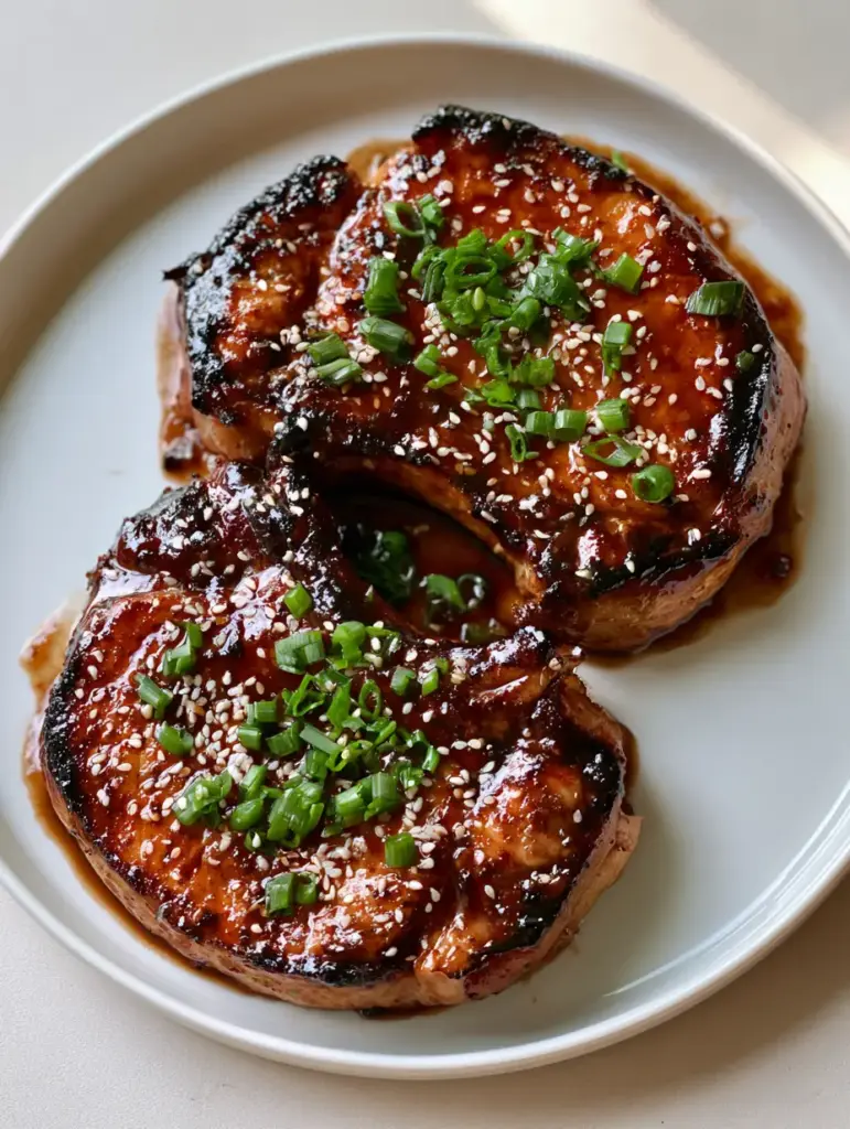 Baked Brown Sugar Pork Chops with a Glossy Caramelized Glaze 2 Top-down view of succulent Baked Brown Sugar Pork Chops with seared edges and vibrant scallions.