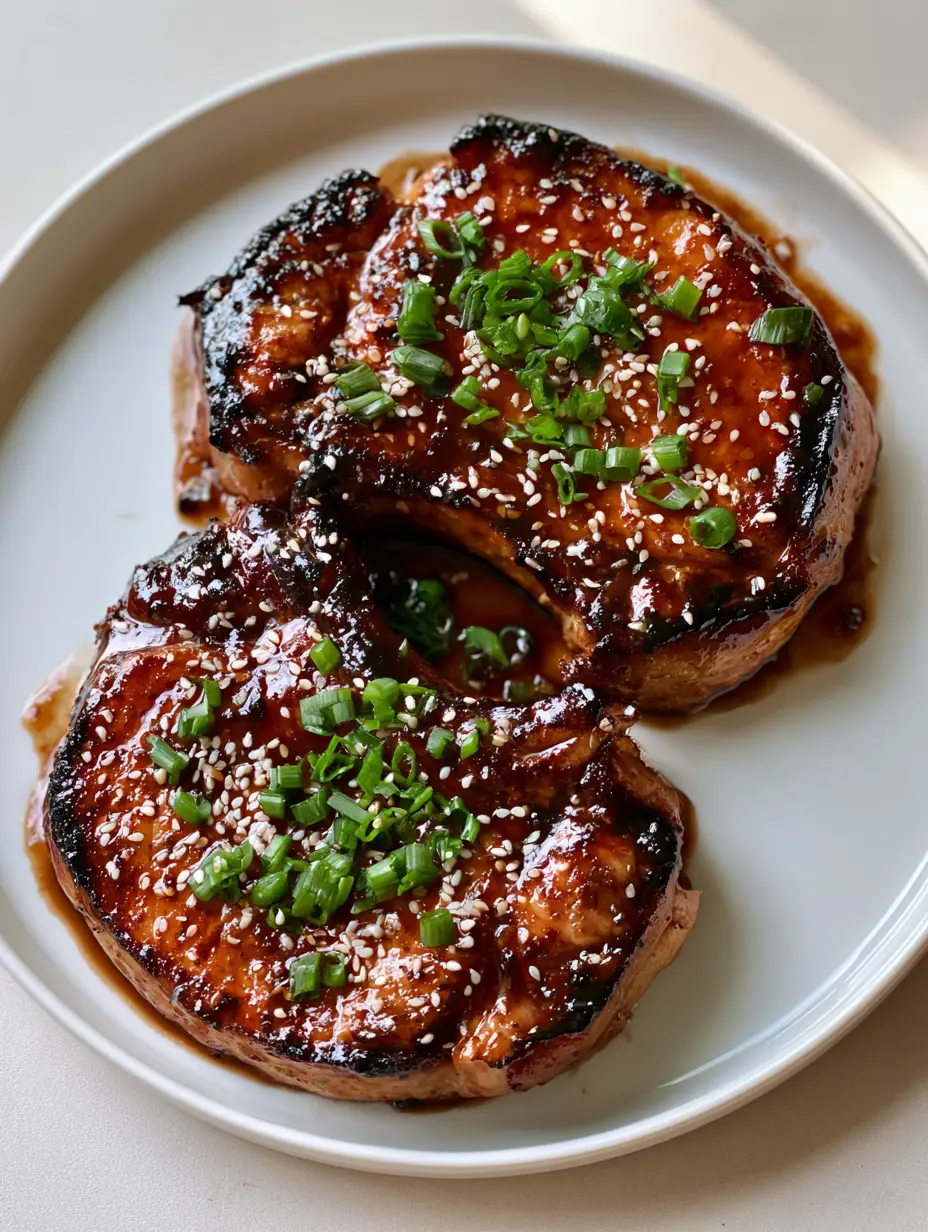 Baked Brown Sugar Pork Chops with a Glossy Caramelized Glaze 3 Top-down view of succulent Baked Brown Sugar Pork Chops with seared edges and vibrant scallions.