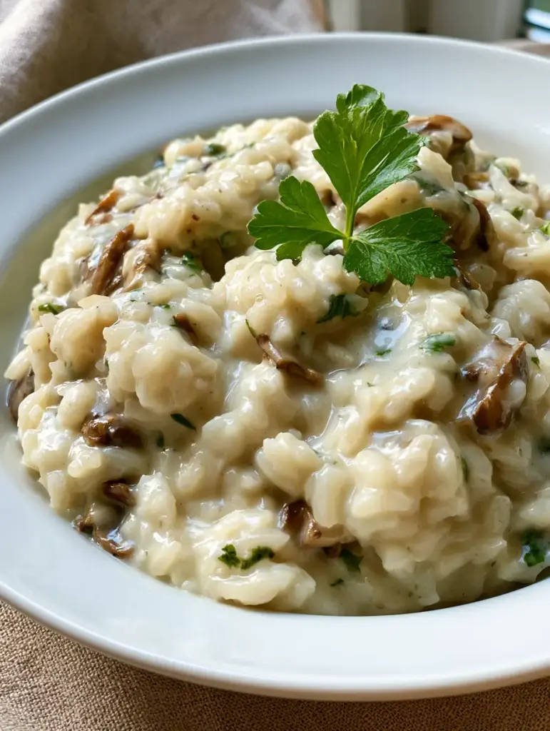 Creamy Rice Recipe with Garlic Mushrooms and Parmesan 1 Close up photo showing the texture of glossy cream sauce and fresh green herbs folded into rice.